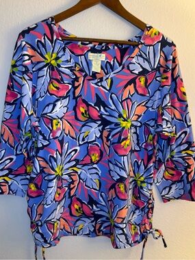 Caribbean Joe Blue Floral V-Neck Top with Pink & Yellow Accents